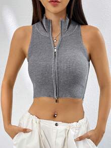 SHEIN EZwear Zip Up Crop Knit Top - Grey - View 2