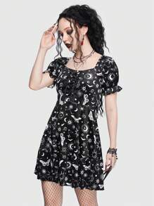 ROMWE Goth Galaxy Print Tie Front Puff Sleeve Dress - Black and White - View 3