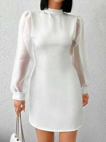 EURMUSE Contrast Mesh Puff Sleeve Backless Bodycon Dress - White - View 1