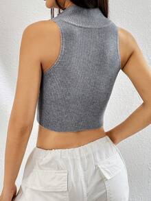 SHEIN EZwear Zip Up Crop Knit Top - Grey - View 4