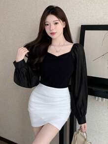 DAZY 纯色甜心领口灯笼袖短款上衣，秋季服装长袖女式上衣 - 黑色 - 查看 3