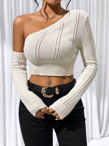 SHEIN Privé Asymmetrical Neck Crop Sweater,Long Sleeve Tops - Apricot - View 4