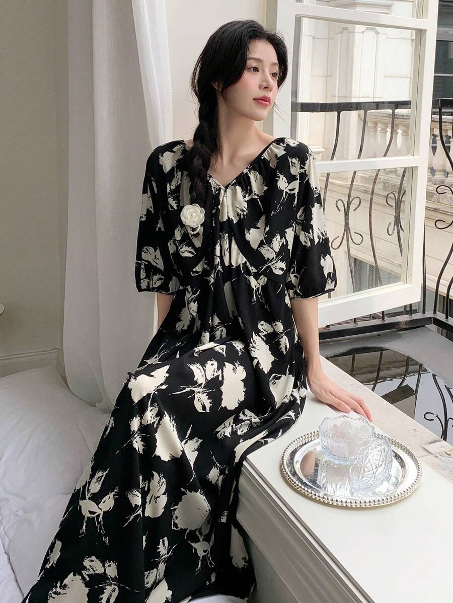 DAZY Allover Floral Print Night Dress - Black - View 1