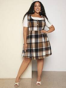 SHEIN CURVE+ Plus Plaid Print Overall Button Front Overall Dress Without Tee - Multicolor - View 3