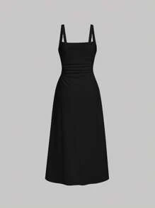 SHEIN MOD Vestido de tirantes unicolor fruncido - Negro - Ver 2