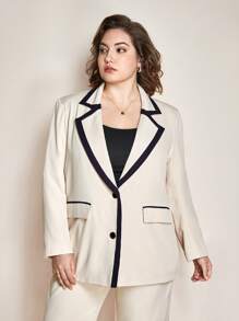 BizChic 大碼撞色滾邊翻蓋細節西裝外套 - 米色 - 查看 3