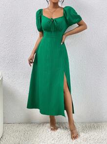 Chiquease Tie Front Split Thigh Puff Sleeve Dress Maxi Women Outfit - Green - View 3
