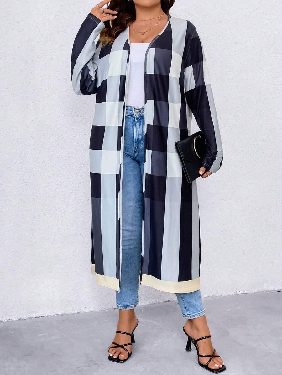 SHEIN LUNE Hơn In kẻ sọc Mở Mặt trước Áo khoác dài - Nhiều màu - Xem 1