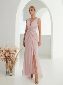 Deep V-Neck Silver Sequin Belt Pleated Chiffon High Slit Maxi Party Dress - Pink - View 4