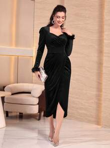 Modelyn Fuzzy Cuff Wrap Hem Velvet Dress - Black - View 1