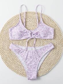 Swim Mod Summer Beach Ditsy Floral Drawstring Bikini Set - Purple - View 3