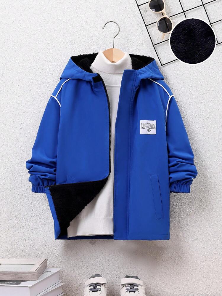Tween Boy Letter Patched Detail Contrast Piping Thermal Lined Hooded Coat Without Sweatshirt