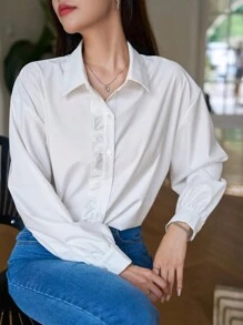 DAZY 素色荷葉邊前紐扣襯衫 - 白色 - 查看 4