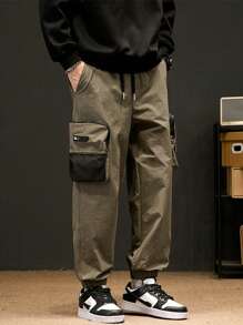 Men Flap Pocket Side Drawstring Waist Cargo Pants - Army Green - View 4