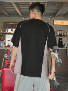 DAZY Men Letter Graphic Topstitching Raglan Sleeve Tee - Black - View 2