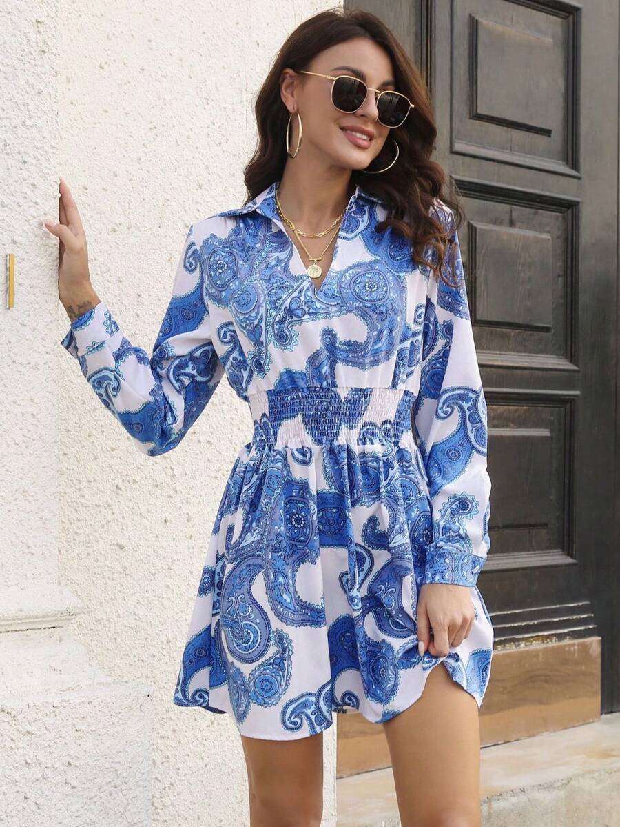 佩斯利印花襯衫洋裝