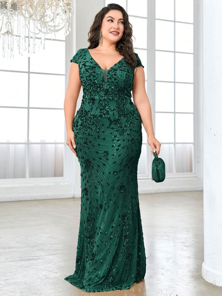 XUIBOL Summer High Quality Elastic Sequin V-Neck Cover Sleeves With Slim Fit And Fishtail Hem Design, Plus Size Featuring A Solid Color Elegant And Luxurious Long Dress For Women, Making Women Younger And More Charming, Suitable For Various Parties, Graduations, Weddings, Events And Various Banquets And Dancing Parties, Formal Ball Gown For Women (Deluxe Edition) - Dark Green - View 6