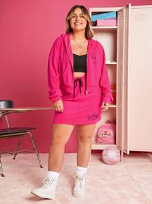 THE POWERPUFF GIRLS X SHEIN 加壓1入組卡通圖形下垂肩帶拉鍊連帽衫和1條裙子 - 玫紅色 - 查看 5