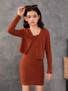 SHEIN Chica preadolescente Vestido de tirantes unicolor & Cazadora con botón delantero - Naranja Quemada - Ver 6