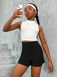 SHEIN Tween Girl Wideband Waist 2 In 1 Active Shorts - Black - View 3