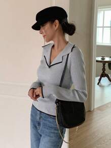 DAZY 女士休闲商务圆领长袖毛衣，适合秋季，长袖上衣 - 灰色 - 查看 5