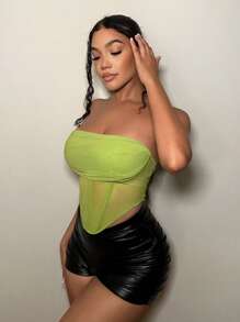 SHEIN SXY Solid Bandana Hem Crop Tube Top - Lime Green - View 3