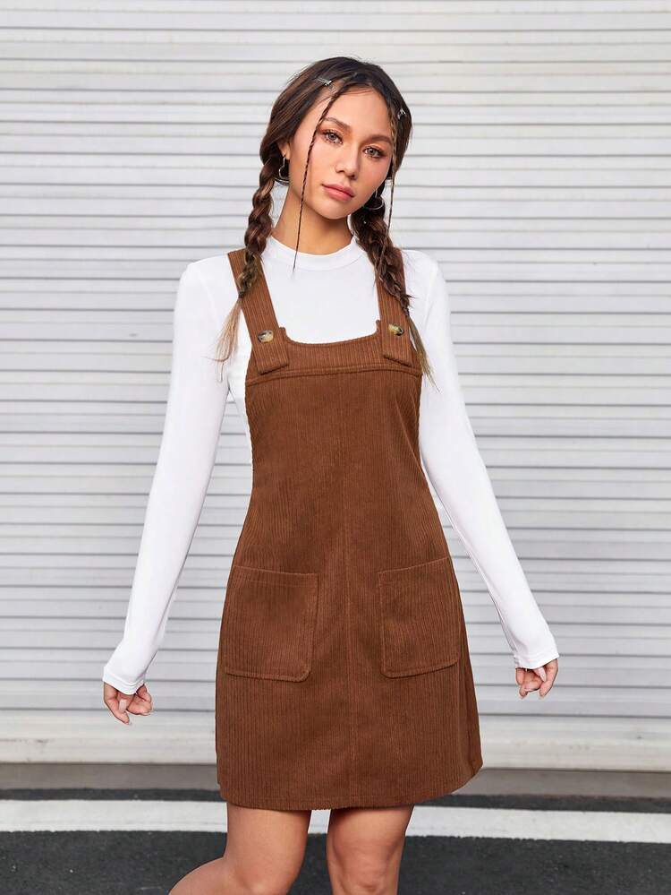 SHEIN MOD 雙口袋背帶洋裝不帶T恤 - 咖啡棕 - 查看 6