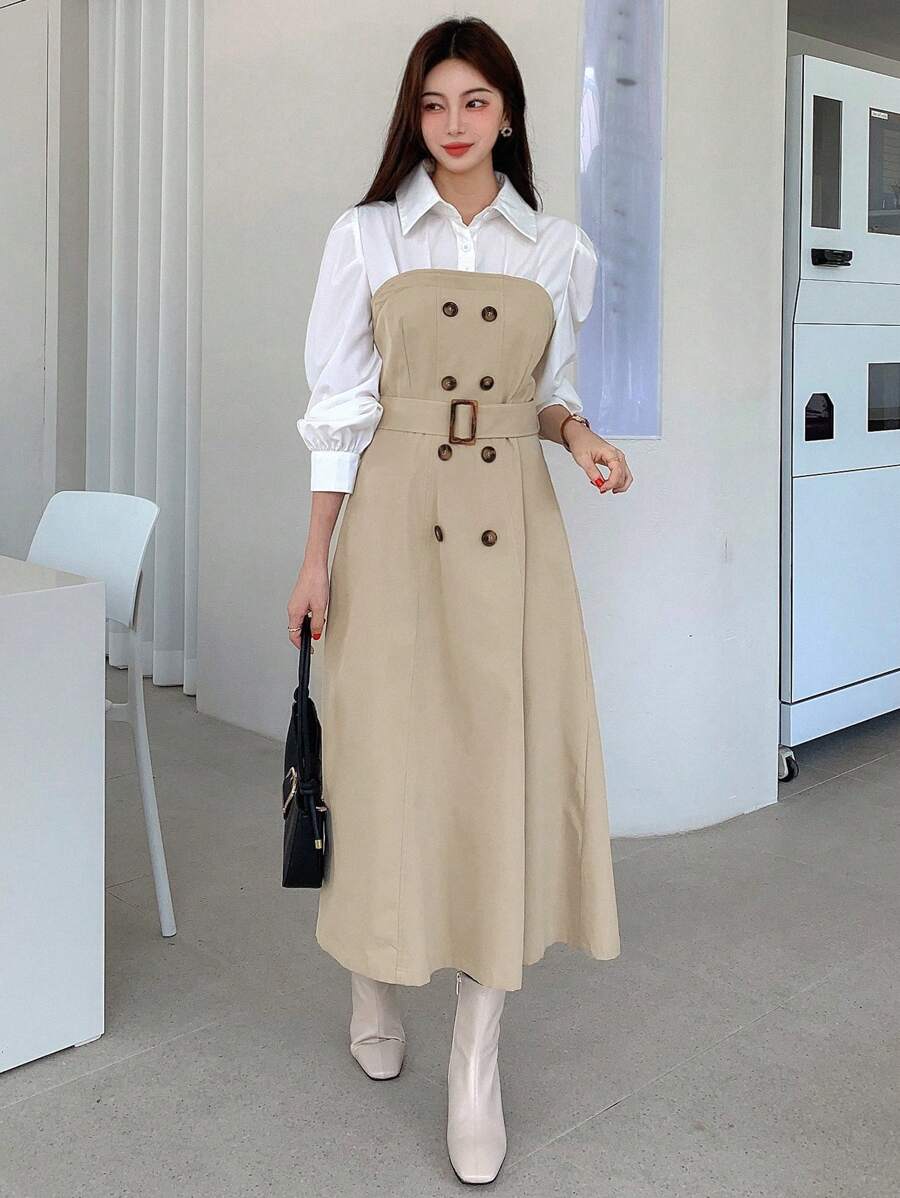 DAZY 双色双排扣腰带二合一正装衬衫裙，秋季服装 - 卡其色 - 查看 1