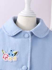 SHEIN 女小童1入組卡通圖案羊絨領口褶皺細節花呢外套 - 藍色 - 查看 7