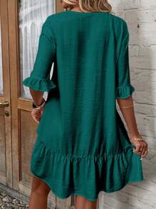 SHEIN LUNE 荷葉袖荷葉邊和服罩衫 - 水鴨藍 - 查看 2