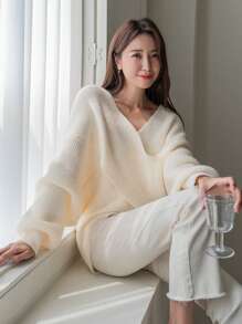 DAZY Solid Drop Shoulder Wrap Sweater,Fall Clothes - White - View 4