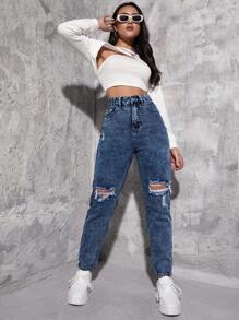 SHEIN ICON Ripped Mom Fit Jeans - Dark Wash - View 3