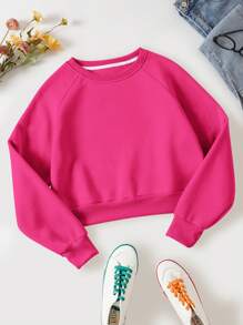 SHEIN Essnce 素色插肩袖加絨內裏運動衫 - 玫紅色 - 查看 1