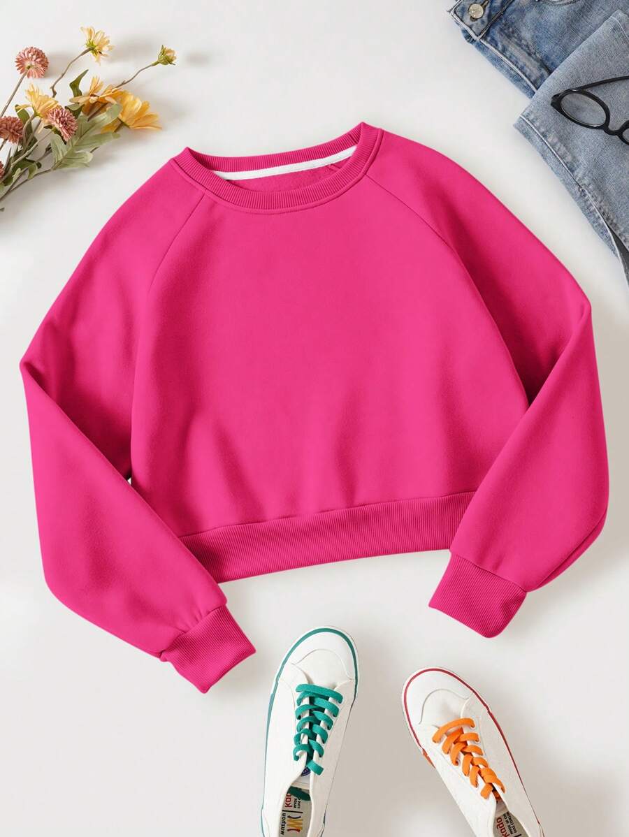 SHEIN Essnce 素色插肩袖加絨內裏運動衫 - 玫紅色 - 查看 1