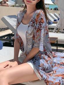 DAZY Tropical Print Open Front Kimono Summer,Beach Women Outfits