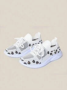 Women's Leopard Print Lace-up Running Shoes - White - View 1