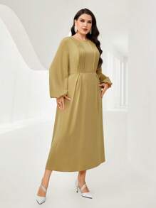 Modelyn 大碼褶皺細節燈籠袖洋裝不附腰帶 - 橄欖綠 - 查看 3