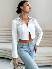 SHEIN Essnce Chất rắn Cắt ra Mùa vụ Áo sơ mi - trắng - Xem 6