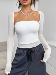 Muchica unicolor ribete en forma de lechuga Top bandeau & Bolero - Blanco - Ver 1