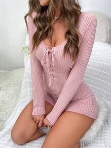 Mono unitard con cordón delantero tejido de canalé homewear