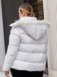 RueChic Plus Fuzzy Trim Hooded Puffer Coat, For Winter - White - View 2