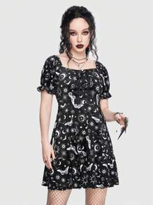 ROMWE Goth Galaxy Print Tie Front Puff Sleeve Dress - Black and White - View 1