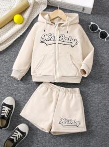 SHEIN Young Girl Letter Graphic Zip Up Drop Shoulder Drawstring Hoodie & Shorts - Khaki - View 1