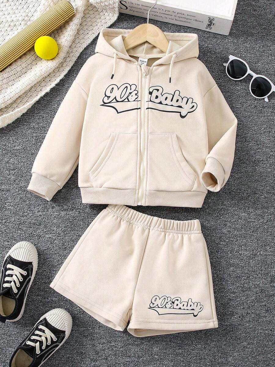 SHEIN Young Girl Letter Graphic Zip Up Drop Shoulder Drawstring Hoodie & Shorts - Khaki - View 1