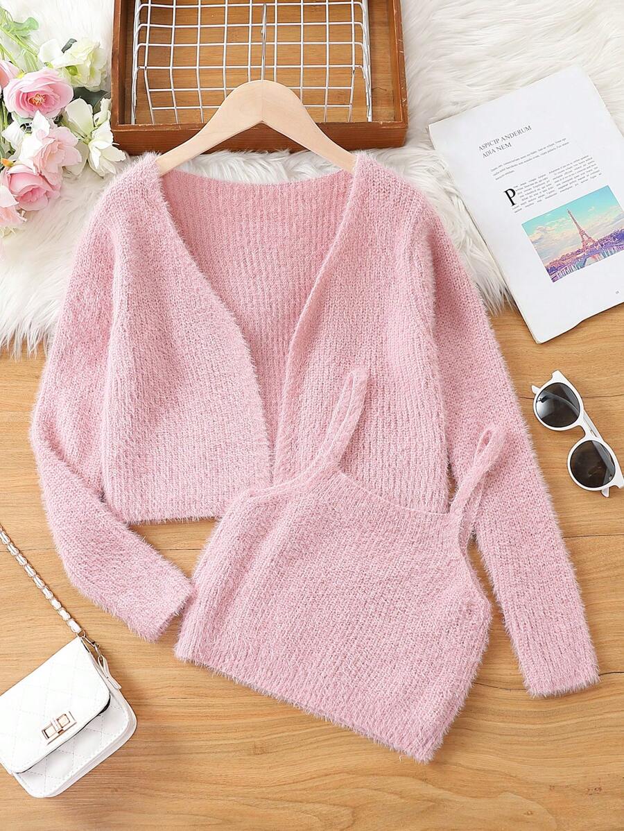 SHEIN Tween Girl Solid Cami Knit Top & Cardigan - Pink - View 1