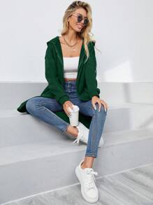 INAWLY Zip Up Drop Shoulder Drawstring Thermal Lined Hoodie - Green - View 6