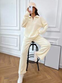 EURMUSE Bộ 2 món/Bộ đồ thường ngày bằng vải nhung trơn màu trơn tay dài có khóa kéo nửa SHEI cỡ lớn - Màu be - Xem 5