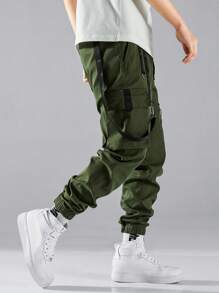 Manfinity EMRG 男士織帶拼接翻蓋口袋腰部抽繩工裝褲 - 軍綠色 - 查看 2