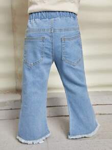 女嬰鬱金香刺繡毛邊牛仔喇叭褲 - 淺色水洗藍 - 查看 2