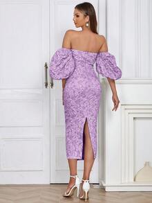 一字肩泡泡袖後背開衩花卉圖案提花洋裝 - 紫色 - 查看 2